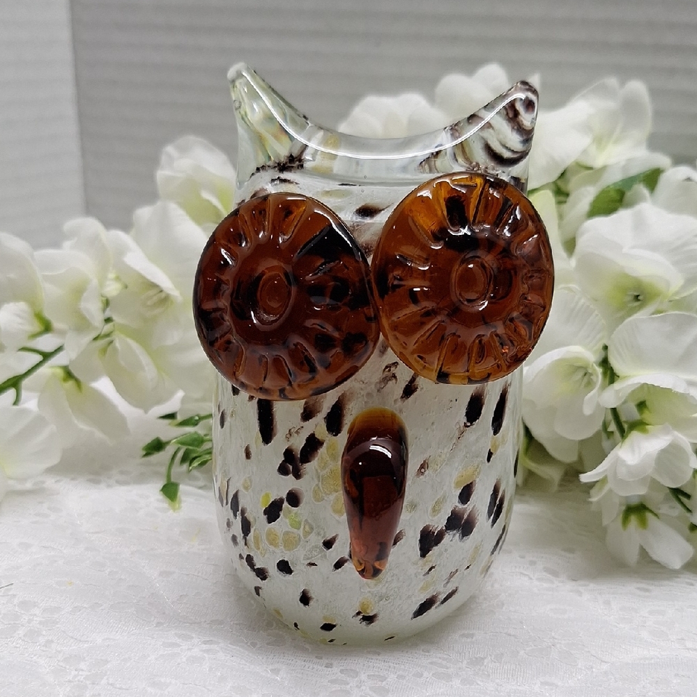 #ACQ Glass Owl Figurine - Brown and Cream